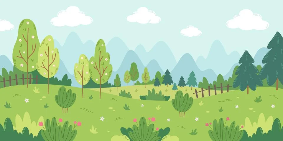 Spring landscape with trees, mountains, fields, bushes, flowers, fir trees 스톡 일러스트