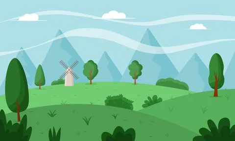 Spring landscape with trees, mountains, windmill, fields. Flat vector Stock Illustration