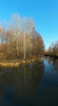 Spring landscape trees without leaves and their reflection in the river Stock Photos