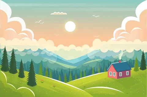 Spring landscape valley with red house, mountains, green hill, trees and clouds  Stock Illustration