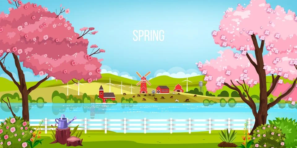 Spring landscape vector green nature background with river, blooming sakura Stock Illustration