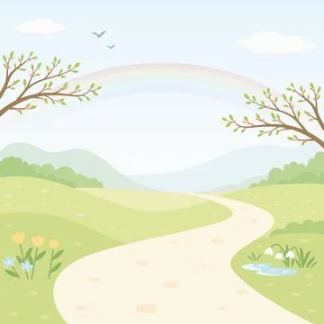 Spring Landscape Vector Illustration. Pastel Nature Background With Winding Path イラスト素材