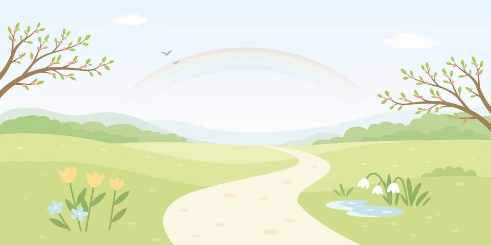 Spring Landscape Vector Illustration. Pastel Nature Background With Winding P Stock Illustration