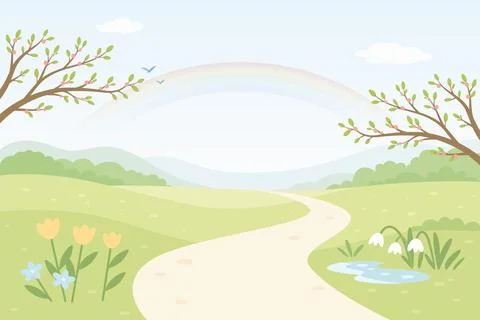 Spring Landscape Vector Illustration. Pastel Nature Background With Winding.. Stock Illustration