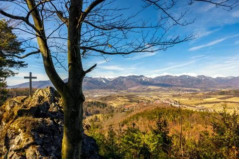 Spring landscape with a view of the mountain. Stock Photos