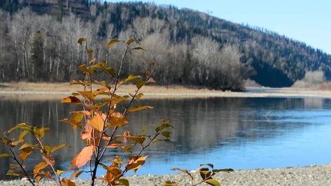 Spring landscape view of the river and mountains against the sky and houses Stock Footage 107088839