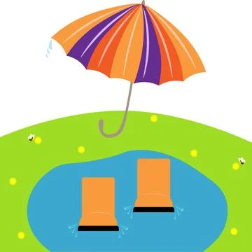 On a spring lawn, in a puddle, a pair of funny orange children s rubber boo.. Ilustração Stock