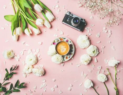 Spring layout with coffee, camera and white flowers Stock Photos