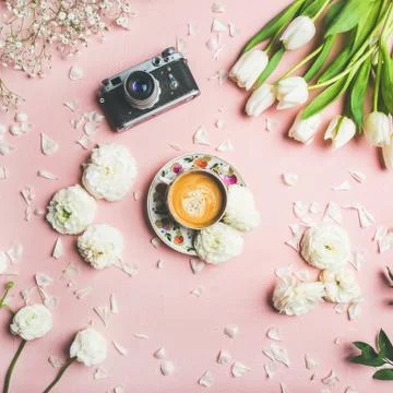 Spring layout with coffee, camera and white , square crop Stock Photos