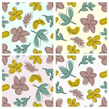Spring leaf and flowers seamless backgrounds pattern set, vector Stock Illustration