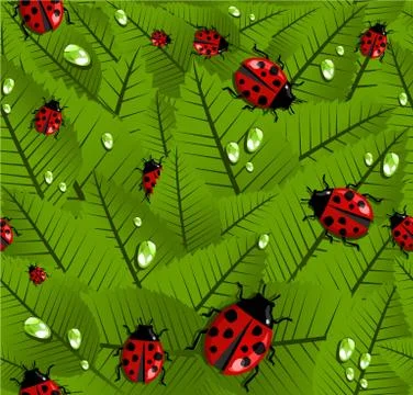 Spring leaves and ladybug pattern Stock Illustration