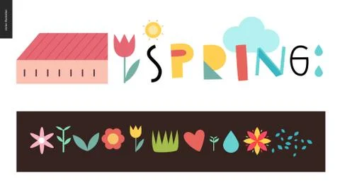 Spring lettering and elements Stock Illustration