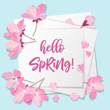 Spring lettering. Blossoming tree brunch with spring flowers on blue background 库存插图