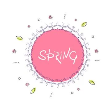 Spring lettering on round banner with frame and geometric decorative shapes.  Stock Illustration