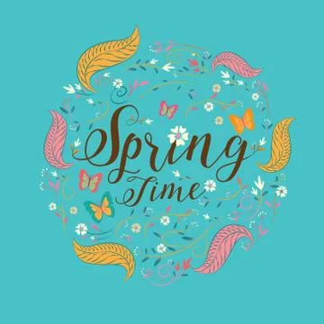 "Spring" lettering. spring  background. Text vector illustration. Stock Illustration