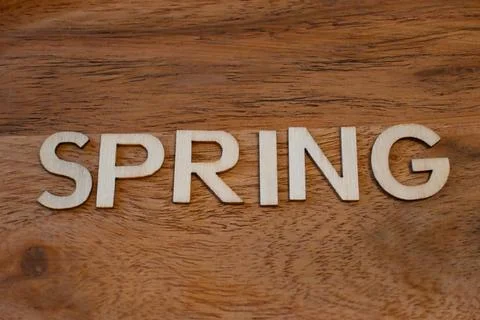 Spring lettering on a wooden surface Foto stock