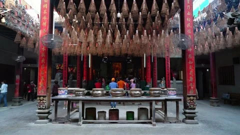 Spring lively atmosphere at temple to pray with pilgrims for peace Stock Footage 156077231