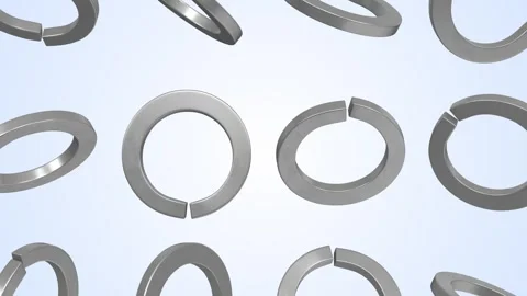 Spring Lock Washers Falling on a Light Blue Background. Split Washers 3D. 4K Stock Footage 305269980