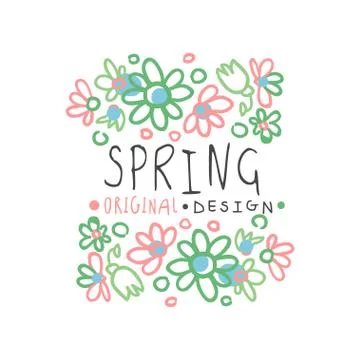 Spring logo template original design with floral elements, colorful hand drawn Stock Illustration