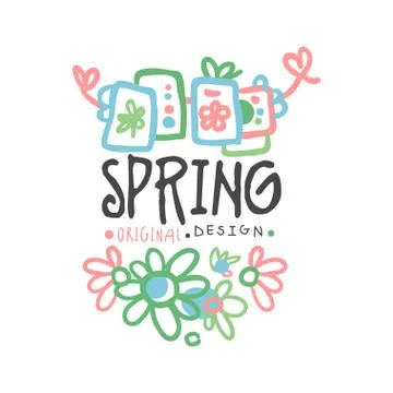 Spring logo template original design with flowers, colorful hand drawn vector Stock Illustration