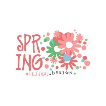 Spring logo template original design with flowers, hand drawn vector Stock Illustration
