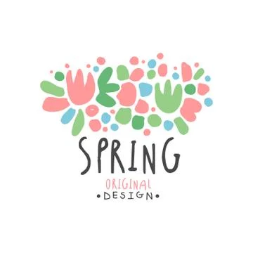 Spring logo template original design with flowers, colorful hand drawn vector Stock Illustration