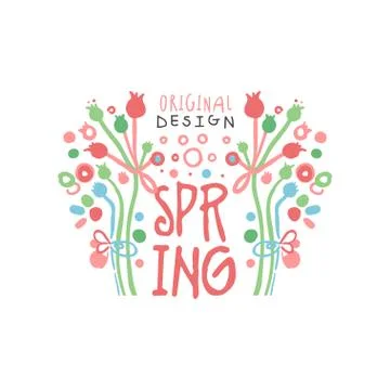 Spring logo template original design with floral elements, colorful hand drawn Stock Illustration