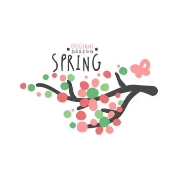 Spring logo template original design with a flowering branch, colorful hand Stock Illustration
