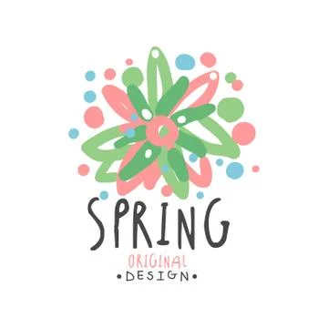 Spring logo template original design with floral elements, colorful hand drawn Illustrazione stock