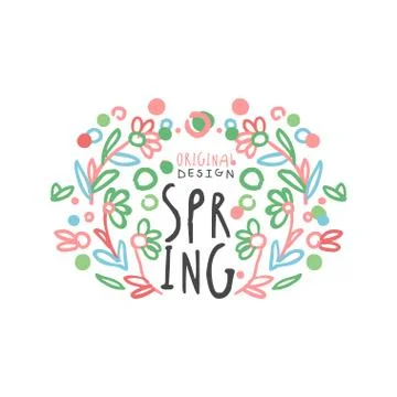 Spring logo template original design with floral elements, colorful hand drawn Stock Illustration