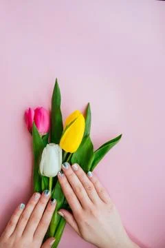 Spring manicure with flowers Stock Photos