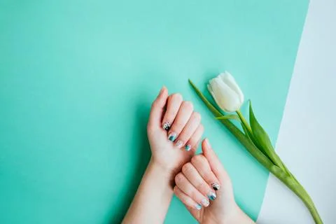 Spring manicure with tulip Stock Photos