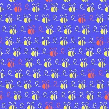 Spring meadow bee seamless pattern. Bright bumblebee on blue background. Stock Illustration