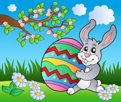 Spring meadow with bunny and egg Stock Illustration