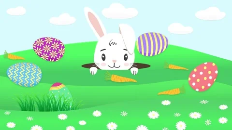 Spring meadow, cute rabbit, colorful eggs, rabbit mink. Easter animation Stock Footage 147607118