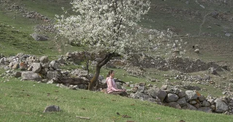 Spring meditation under a flowering tree Stock Footage 75464078