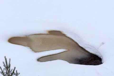 Spring melting of ice, springtime thaw. Spring creek flowing at the field wit Stock Photos