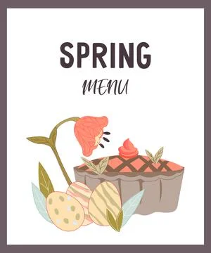 Spring menu card or banner backdrop with colored eggs, cake and spring flower Stock Illustration