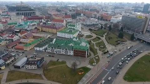 Spring in the Minsk city centre. Drone shot from above aerial Stock Footage 106452826