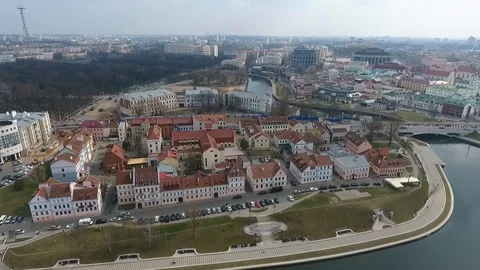 Spring in the Minsk city centre. Drone shot from above aerial Stock Footage 106453323