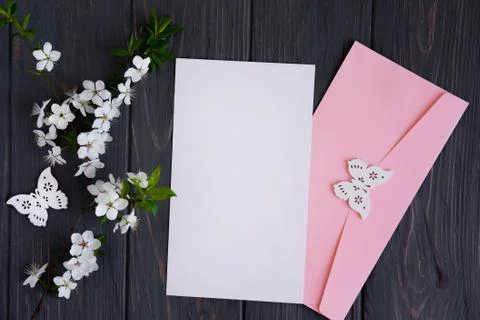 Spring mock up frame for text. Frame for text with envelope and flowers for s Stock Photos