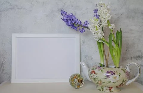 Spring mockup with hyacinths on light background Foto stock
