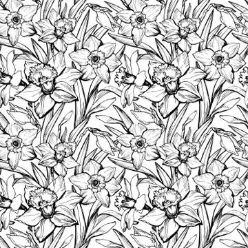 Spring monochrome botanical seamless pattern with hand drawn flowers. Stock Illustration