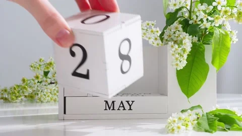 Spring month 2 May. A woman's hand turns over a cubic calendar. White perpetual  Stock Footage 194528938