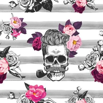 Spring mood. Seamless background with the skulls and roses Stock Illustration
