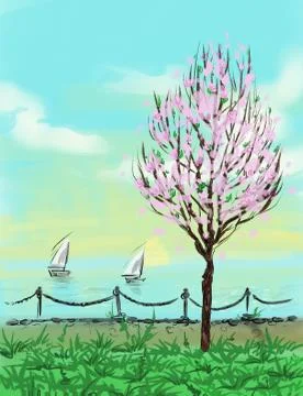 Spring mood seashore with flowering tree Stock-Illustration
