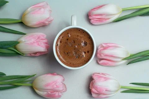 Spring morning concept. Flat lay of coffee cups and flowers on light backgrou Stock Photos