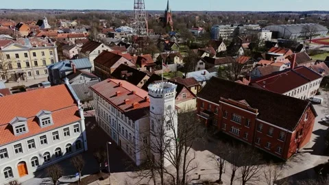 Spring Morning Drone Flight Over Kuldīga Town Hall and Historic City Streets Stock Footage 308627474