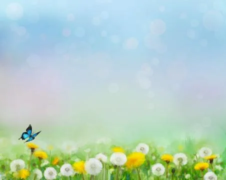 Spring nature background with dandelion fields Stock Illustration