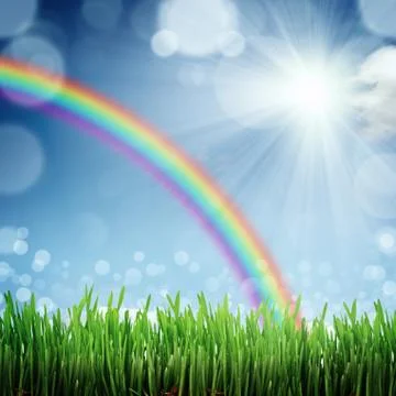 Spring nature background with grass and blue sky in the back Stock Illustration